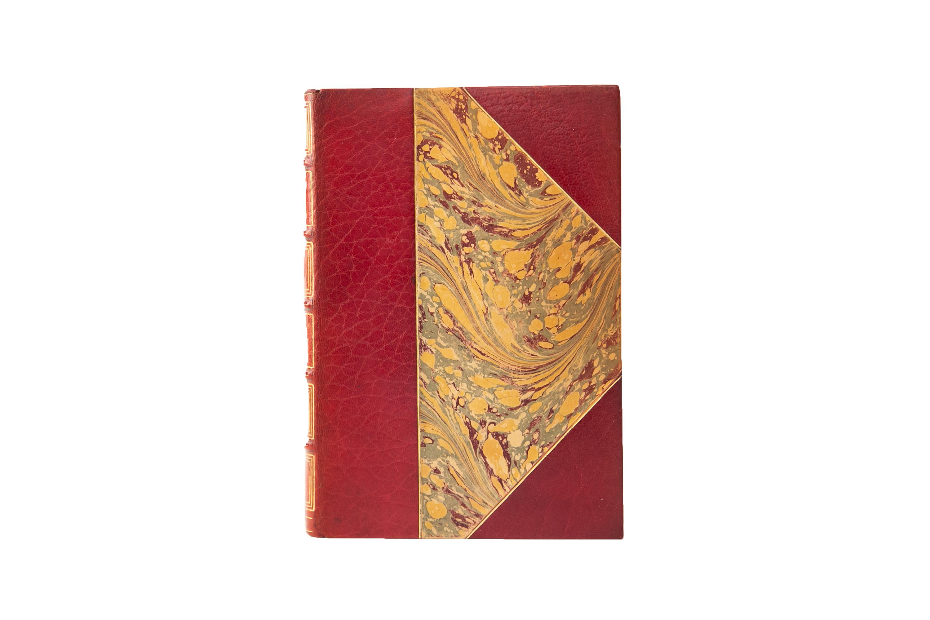 28 Volumes, Count Tolstoy, the complete works. Edition De Luxe. Bound by Bennett in 3/4 red morocco and marbled boards, bordered in gilt tooling. Raised bands dotted in gilt tooling with panels displaying bordering and label lettering, both
