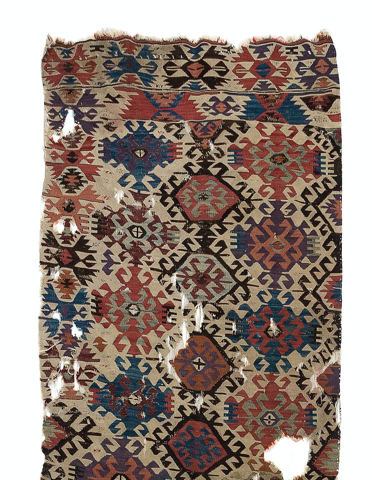 2'8'' x 11'5'' Antique Turkish Fragment Kilim Rug, 18th Century In Distressed Condition For Sale In Spring Valley, NY