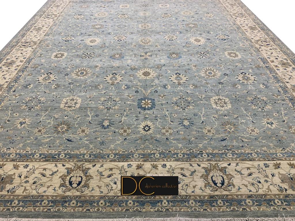 Wool 28 x 14 ft Palace Size Rug Contemporary in Style of Farahan Grey Blue and Beige For Sale