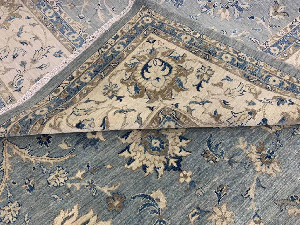 Hand-Knotted 28 x 14 ft Palace Size Rug Contemporary in Style of Farahan Grey Blue and Beige For Sale