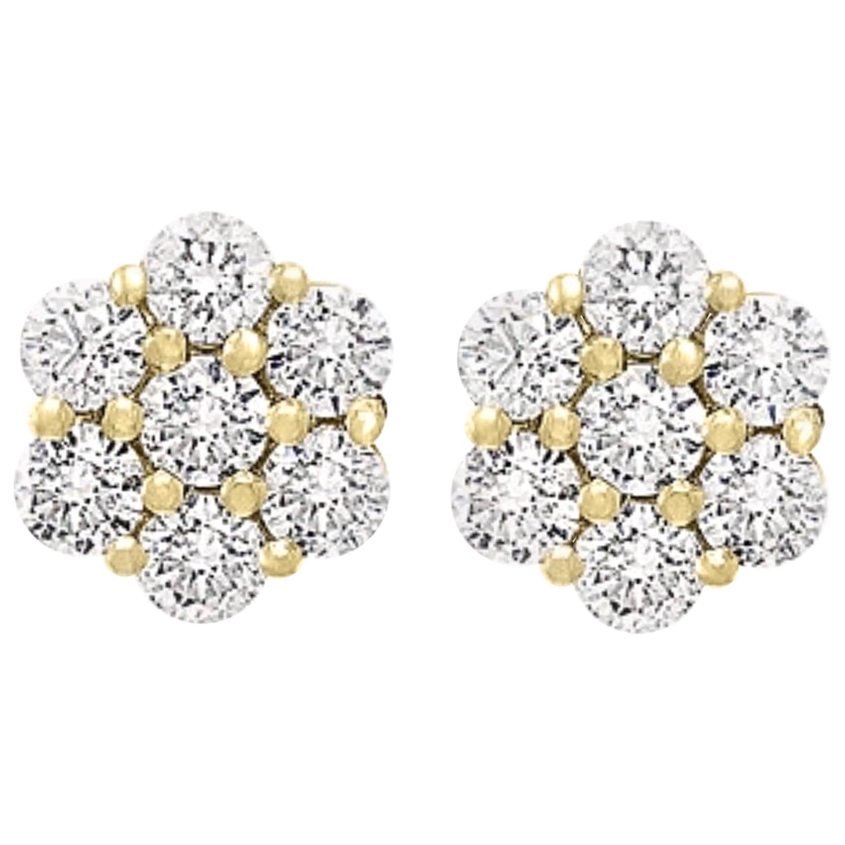 2.80 Carat, 7 Diamond Floral Cluster Flower Stud Earrings 14 Karat Yellow Gold