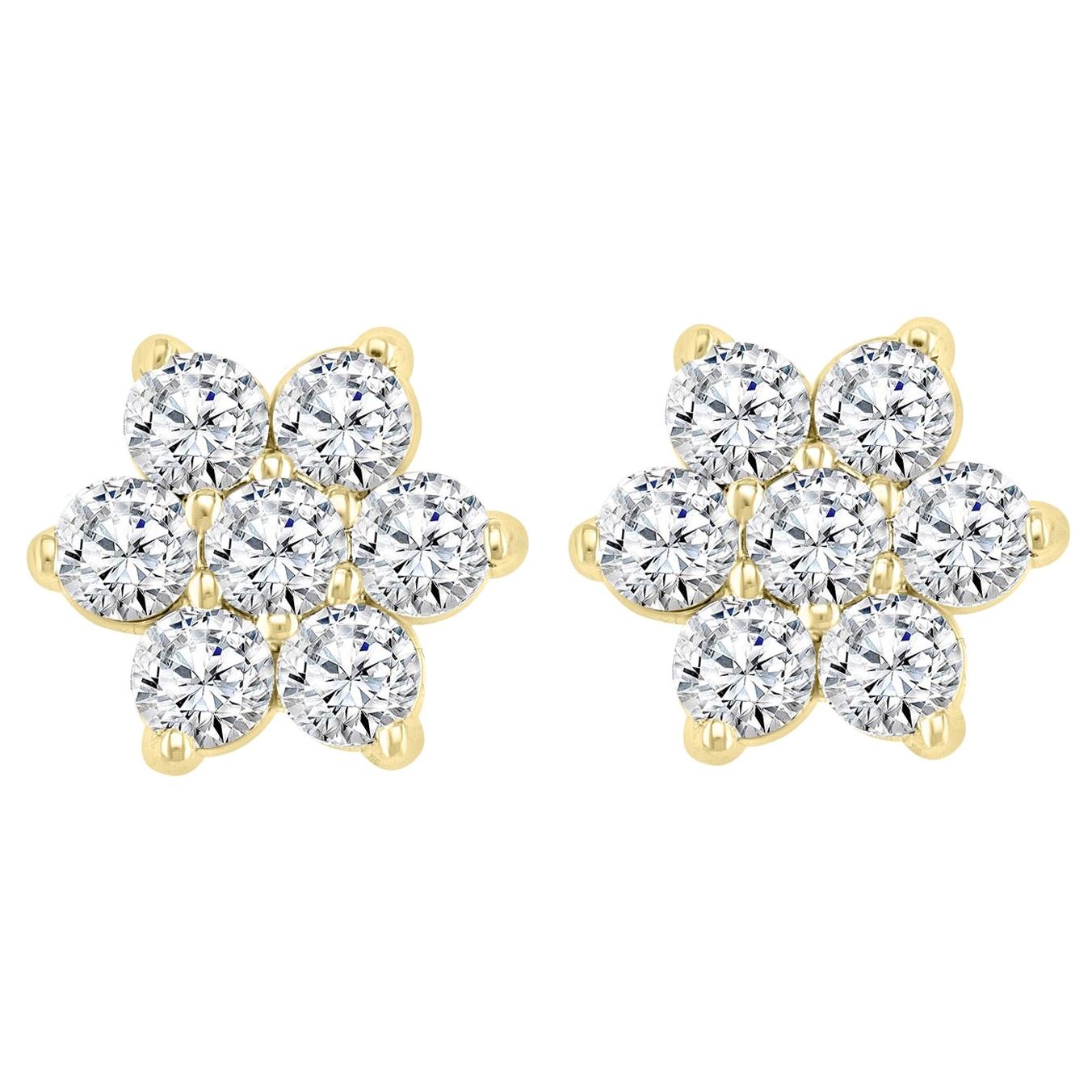 2.80 Carat 7 Diamond Floral Cluster Flower Stud Earrings in 14 Karat Yellow Gold For Sale