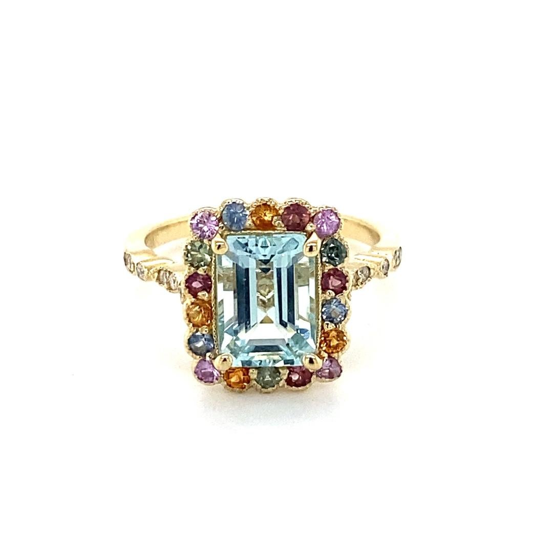 Contemporary 2.80 Carat Aquamarine Multi-Color Sapphire Diamond Yellow Gold Cocktail Ring