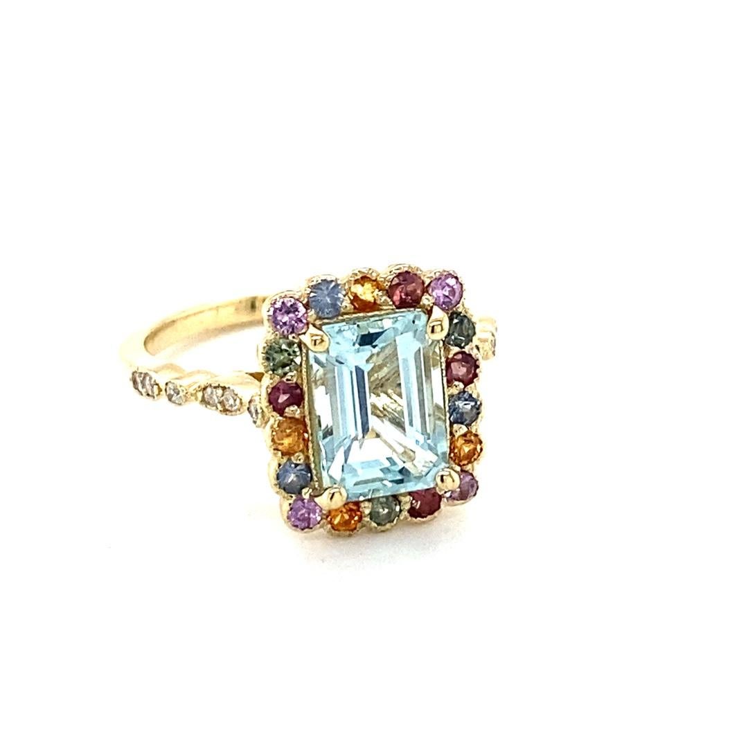 Emerald Cut 2.80 Carat Aquamarine Multi-Color Sapphire Diamond Yellow Gold Cocktail Ring