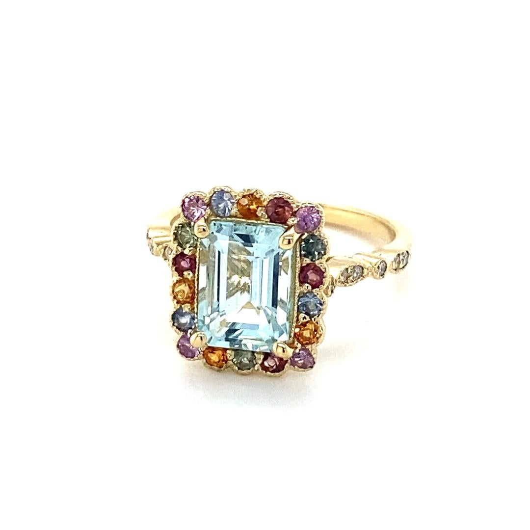 2.80 Carat Aquamarine Multi-Color Sapphire Diamond Yellow Gold Cocktail Ring In New Condition In Los Angeles, CA