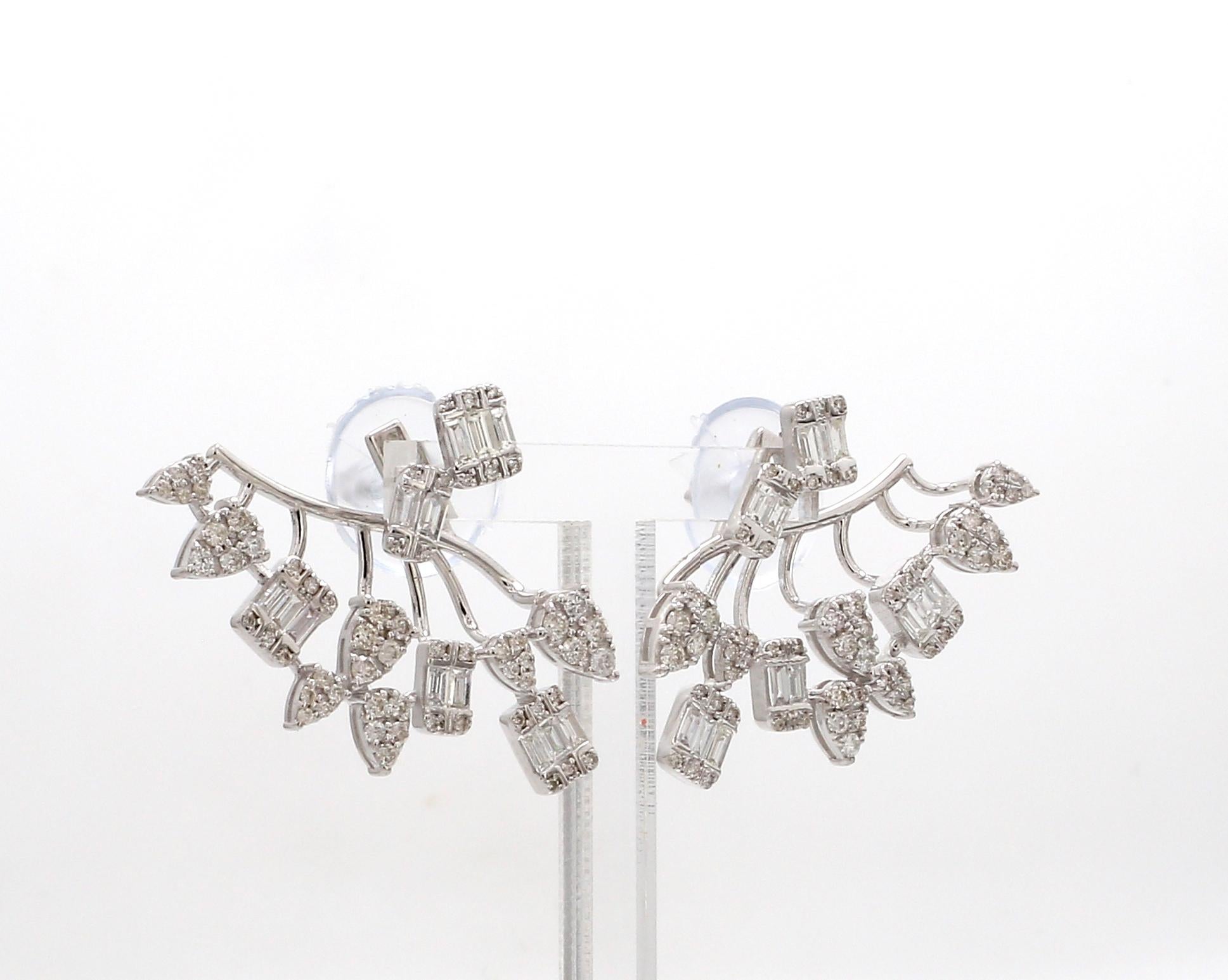 Women's 2.80 Carat Baguette Round Diamond Earrings 18 Karat White Gold Handmade Jewelry For Sale