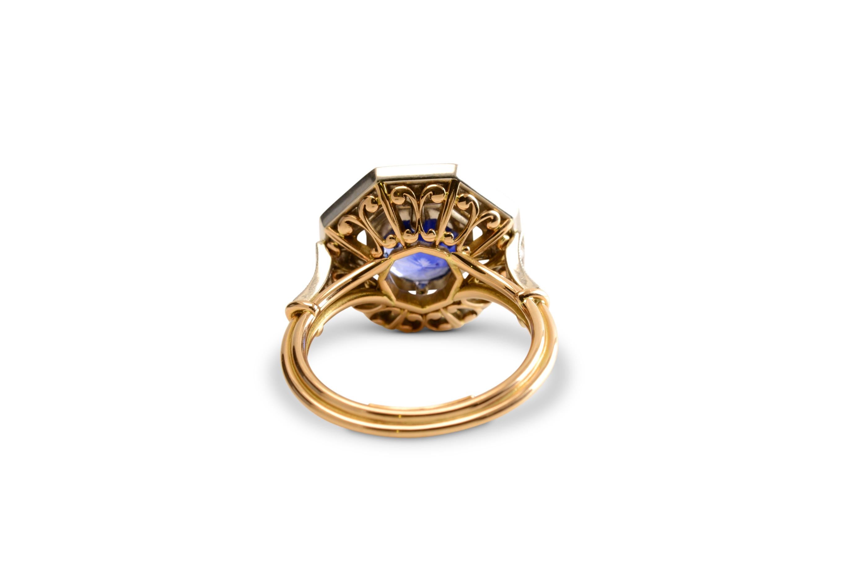 Women's 2.80 Carat Blue Ceylon Sapphire and Octagonal Diamond Halo Ring For Sale