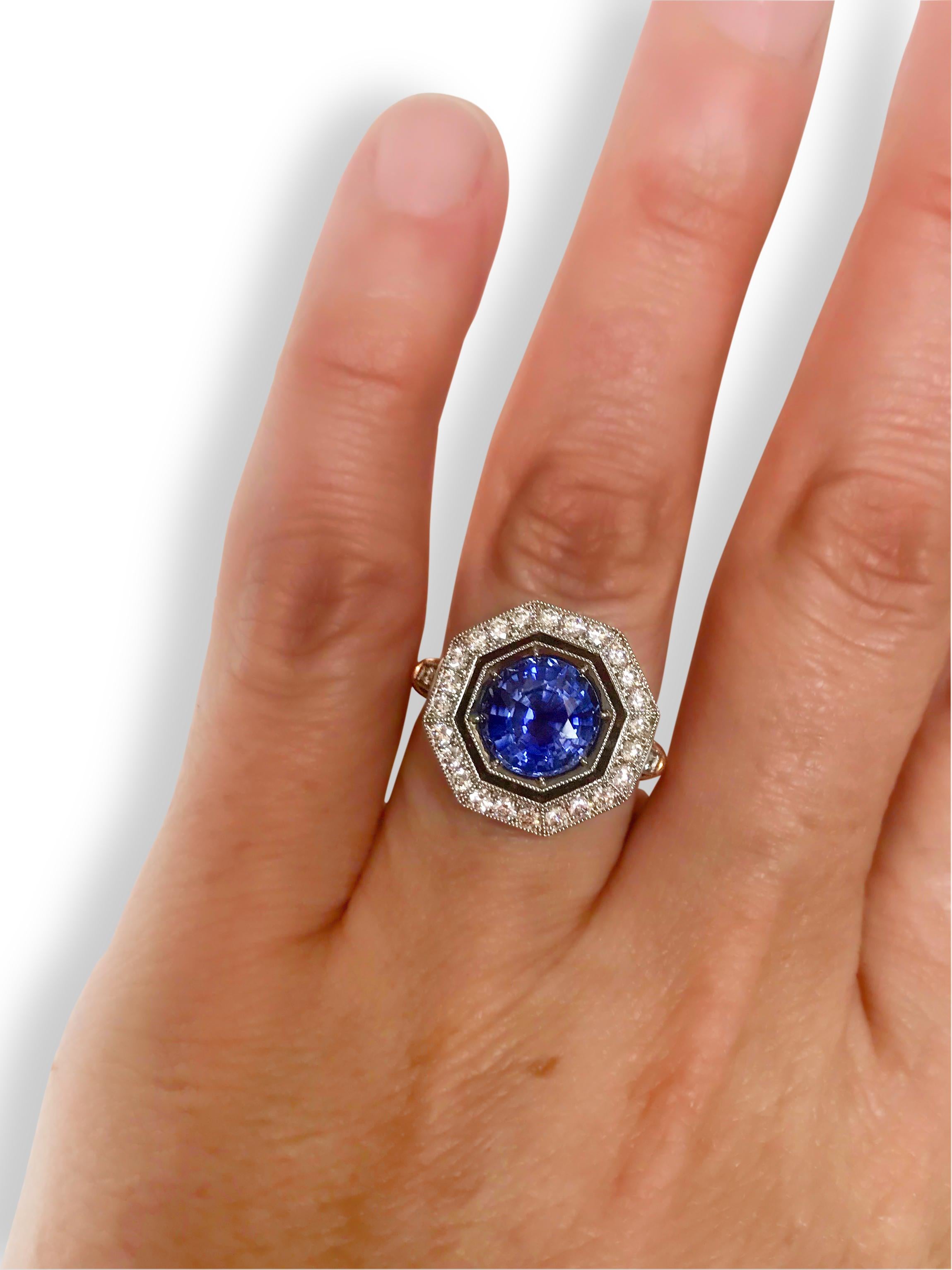 2.80 Carat Blue Ceylon Sapphire and Octagonal Diamond Halo Ring For Sale 4