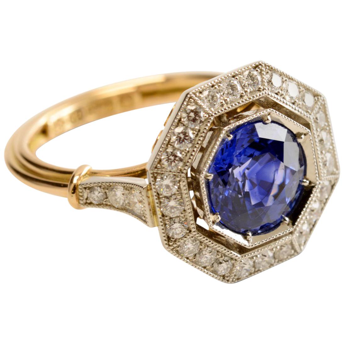 2.80 Carat Blue Ceylon Sapphire and Octagonal Diamond Halo Ring For Sale