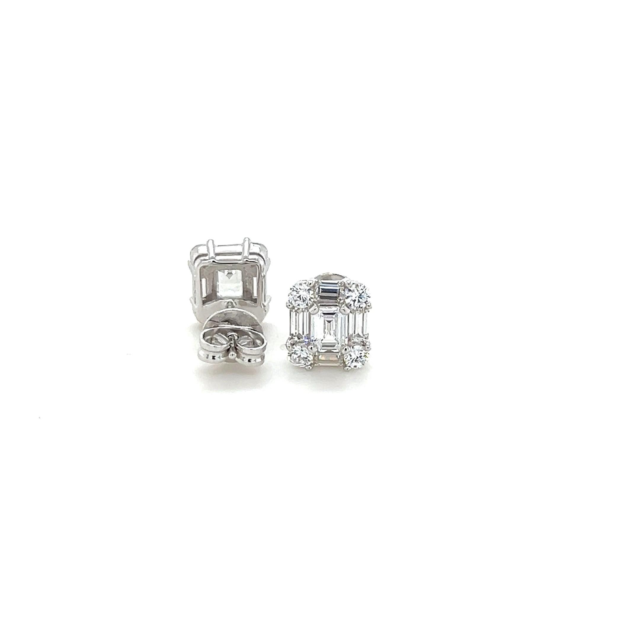 Art Deco 2.80 Carat Cubic Zirconia Sterling Silver Baguette & Brilliant Cut Stud Earrings For Sale