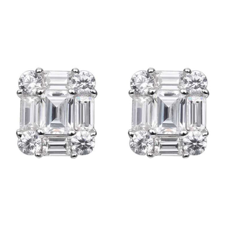 Ohrstecker mit 2,80 Karat kubischem Zirkon in Sterlingsilber, Baguette- und Brillantschliff im Angebot