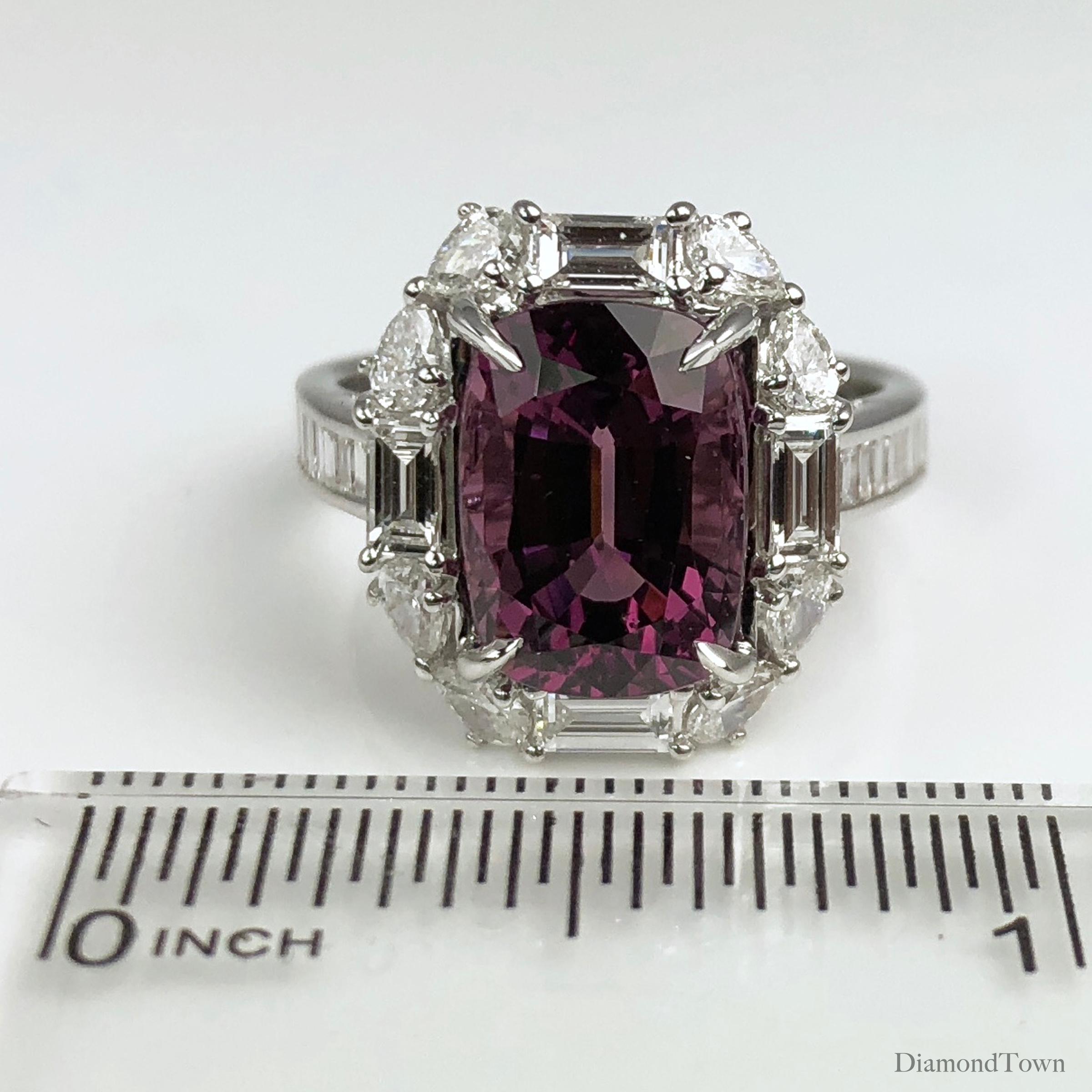 DiamondTown 4.92 Carat Cushion Cut Raspberry Garnet and Diam. Halo Cluster Ring In New Condition In New York, NY