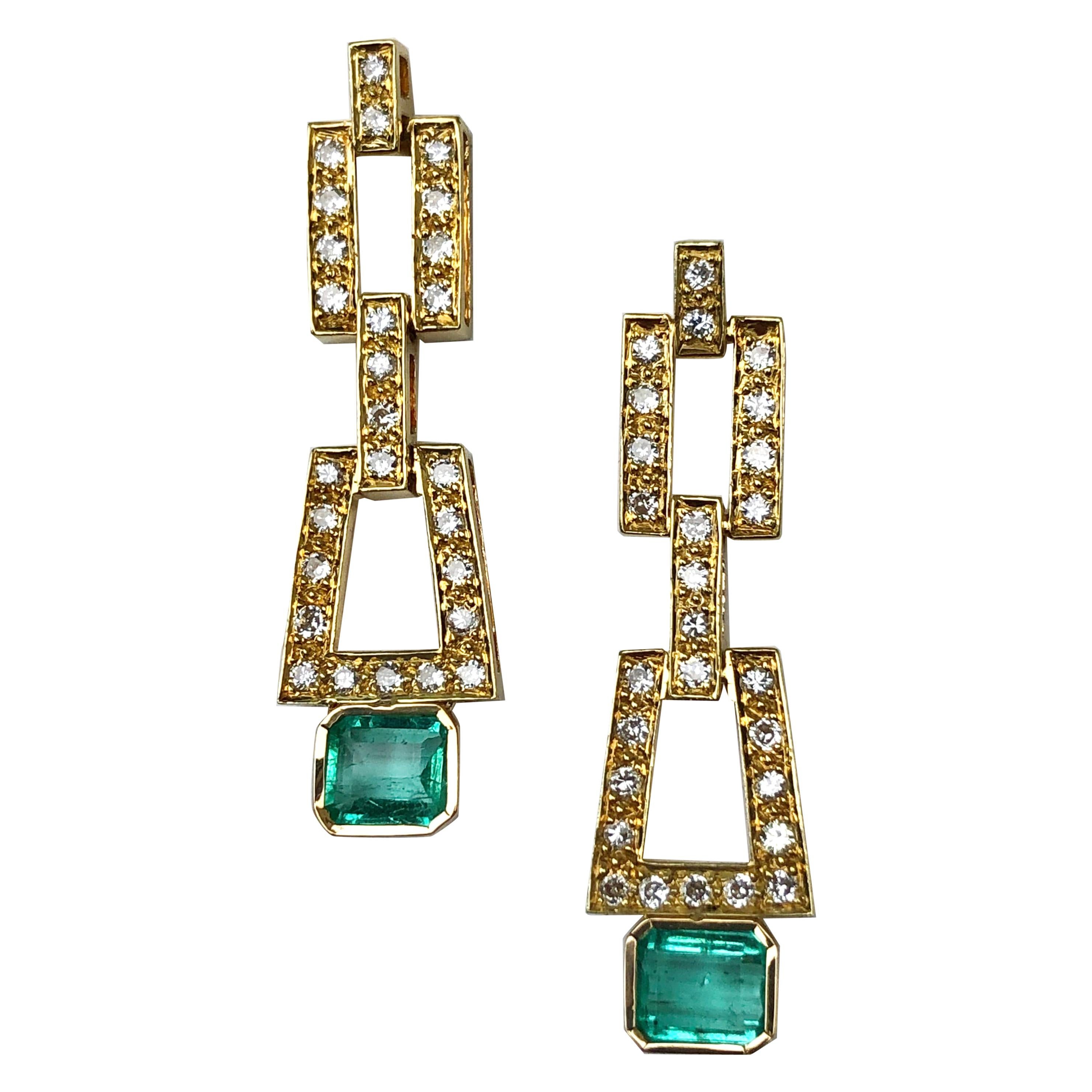 2.80 Carat Deco Style Natural Colombian Emerald Diamond Drop Earrings 18 Karat