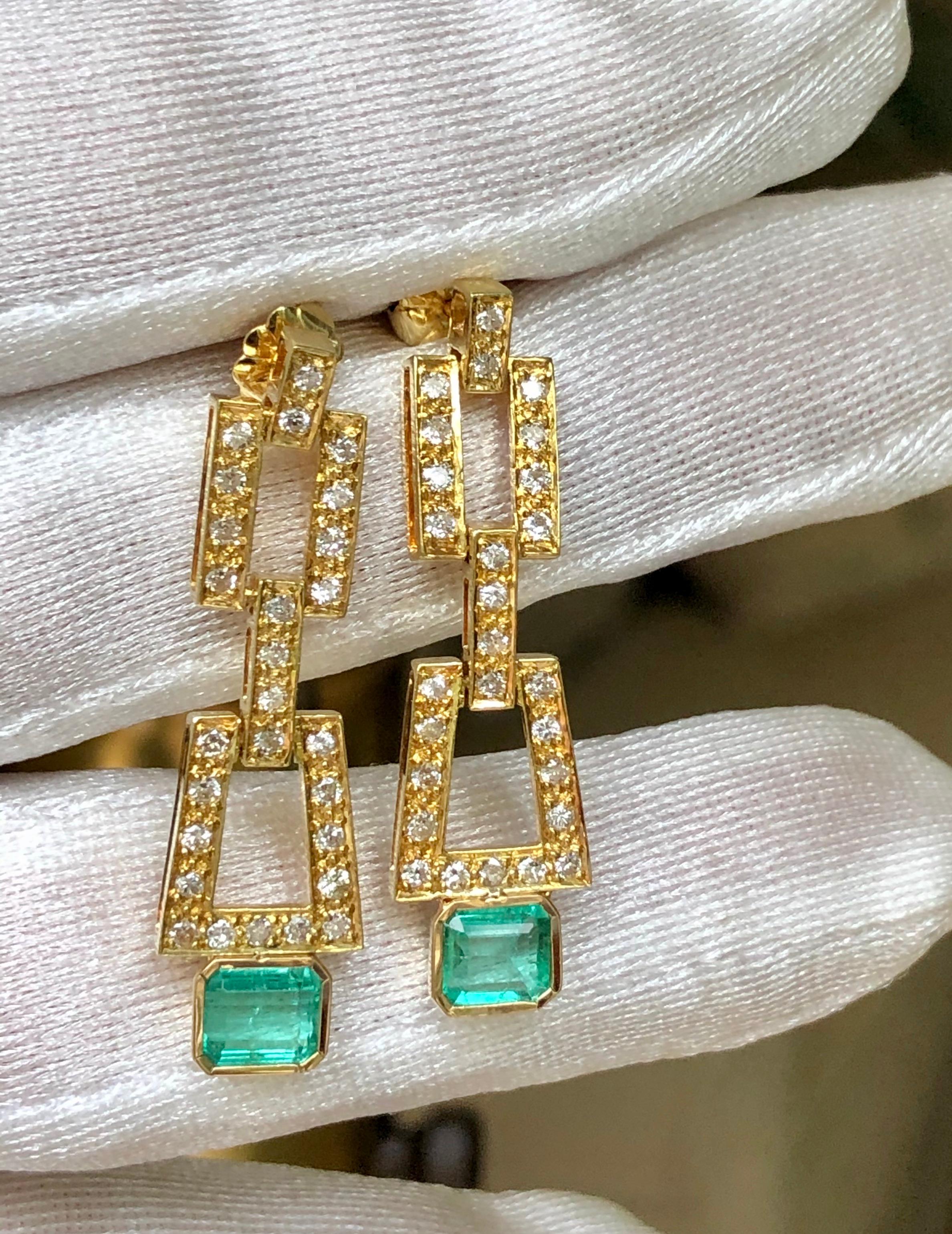 2.80 Carat Natural Colombian Emerald Diamond Drop Earrings 18 Karat For Sale 4