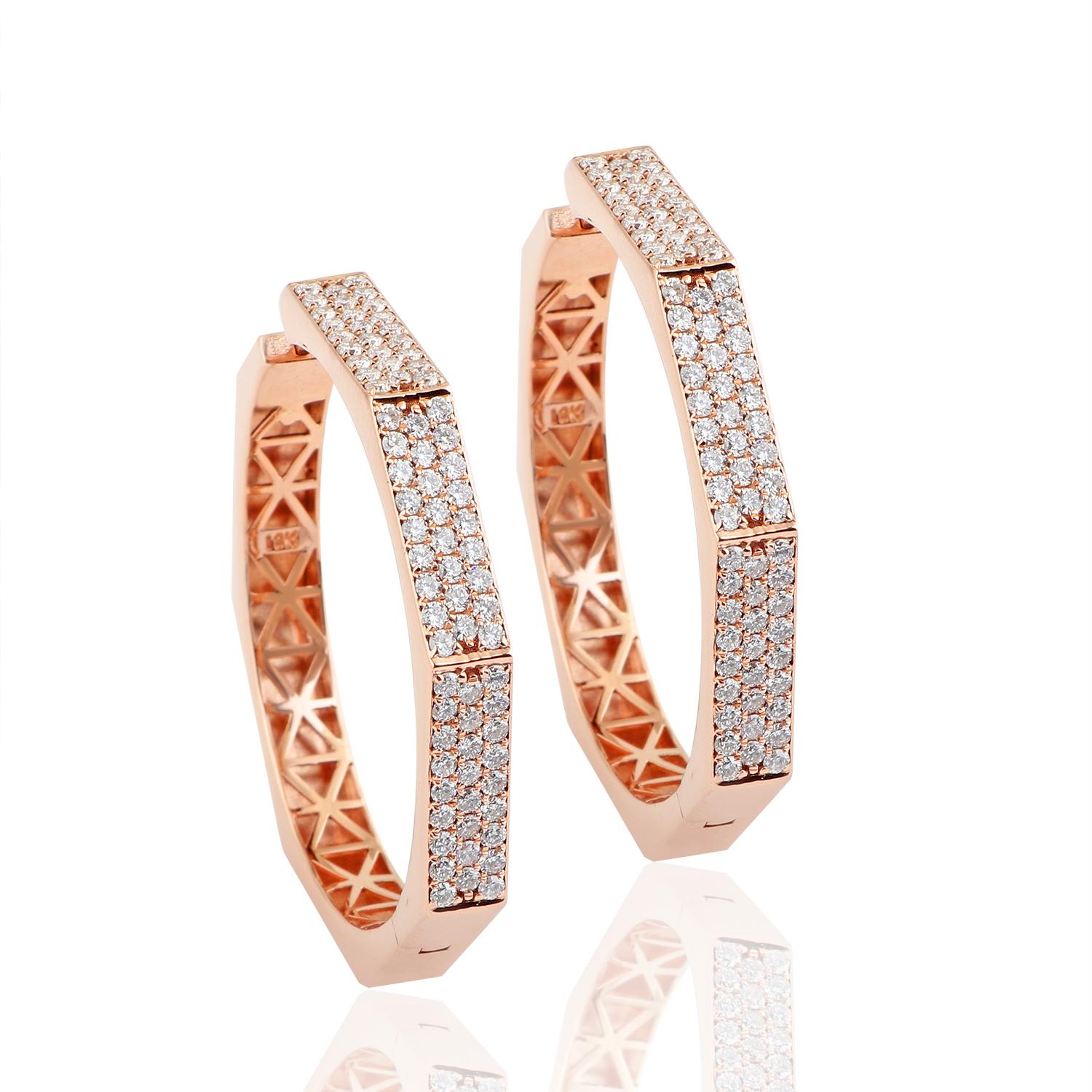 Modern 2.80 Carat Diamond 18 Karat Rose Gold Hexagon Hoop Earrings For Sale