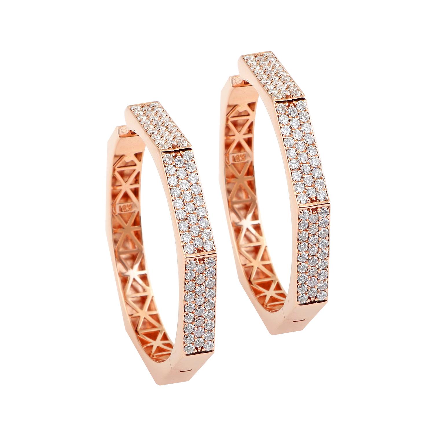 2.80 Carat Diamond 18 Karat Rose Gold Hexagon Hoop Earrings For Sale