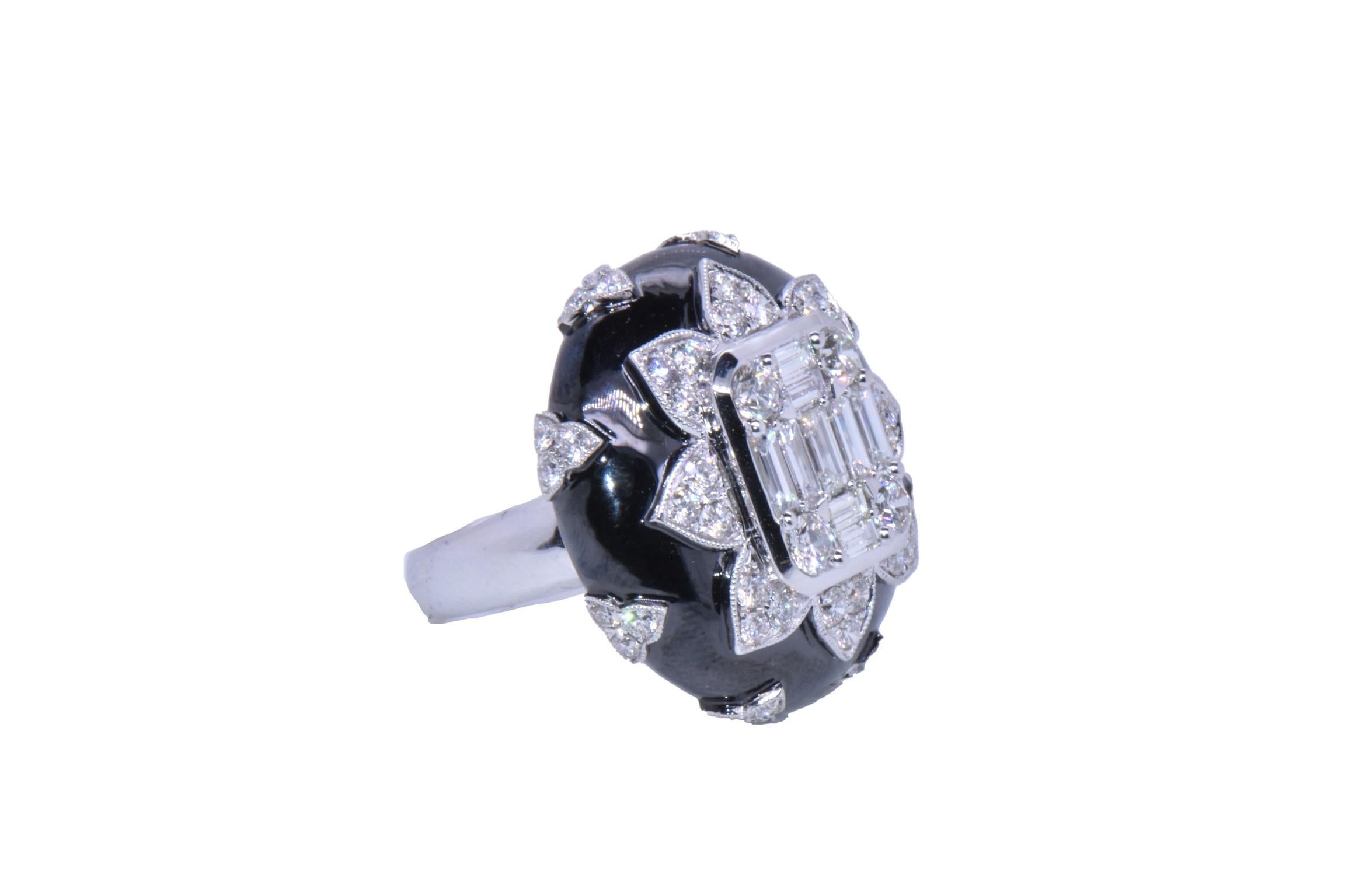 Aesthetic Movement 2.80 Carat Diamond Baguette Flower Ring in 18k White Gold and Black Enamel  For Sale