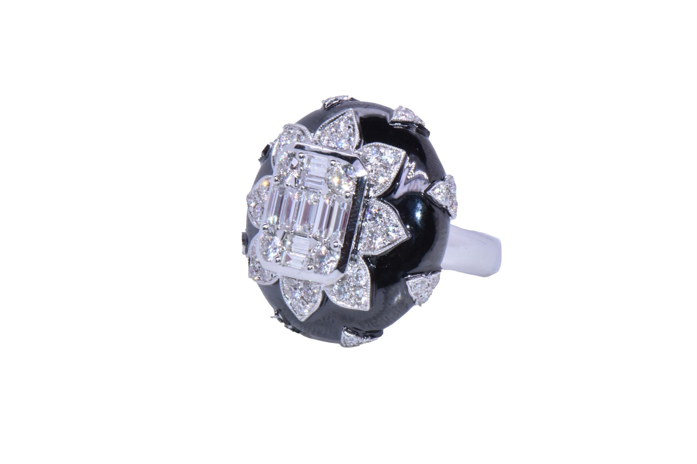 2.80 Carat Diamond Baguette Flower Ring in 18k White Gold and Black Enamel  In New Condition For Sale In New York, NY