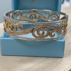 2.80 Carat Diamond Hinged Bangle Bracelet 14K White & Rose Gold Wave Design