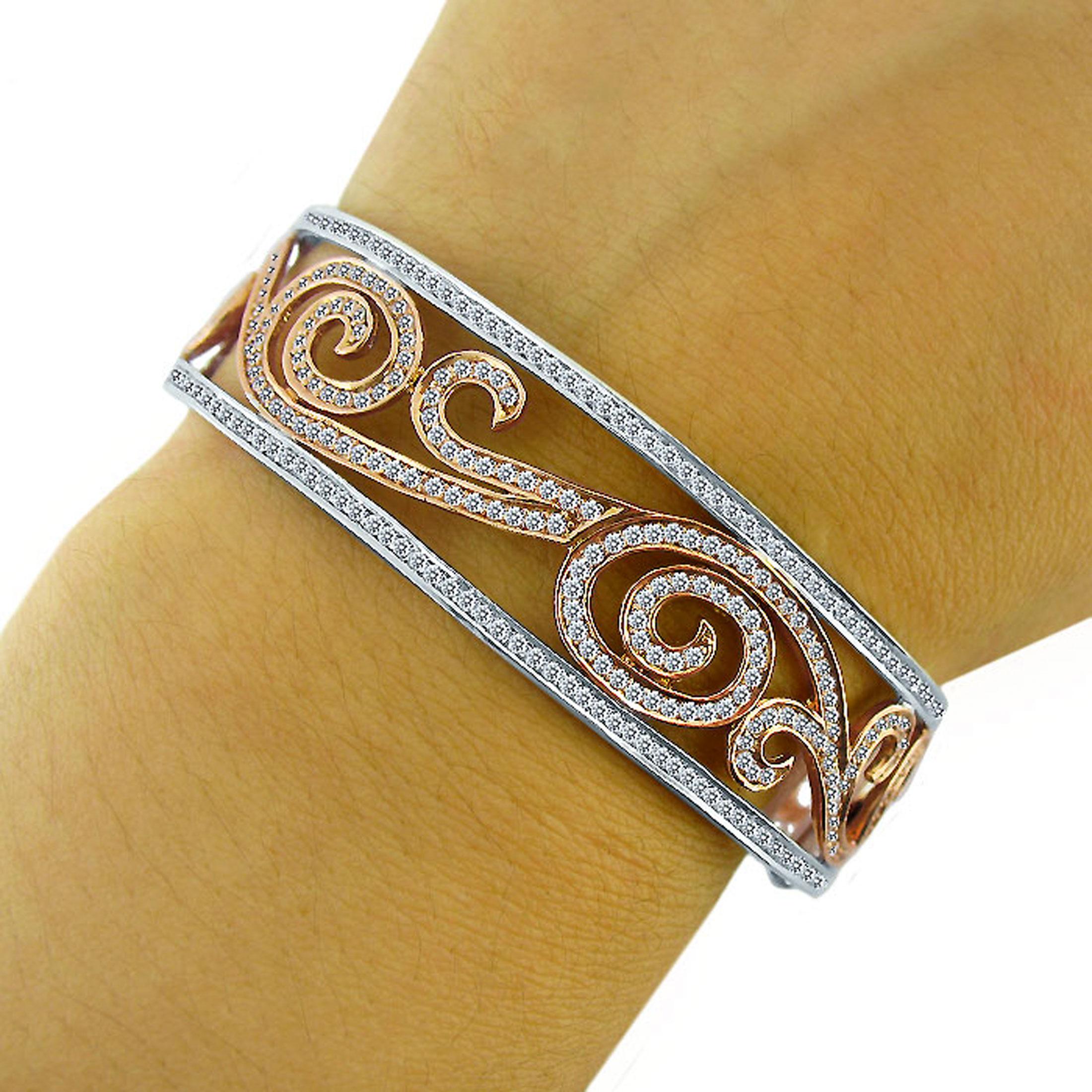 Bracelet jonc à charnières en or blanc et rose 14 carats avec diamants de 2,80 carats Pour femmes en vente