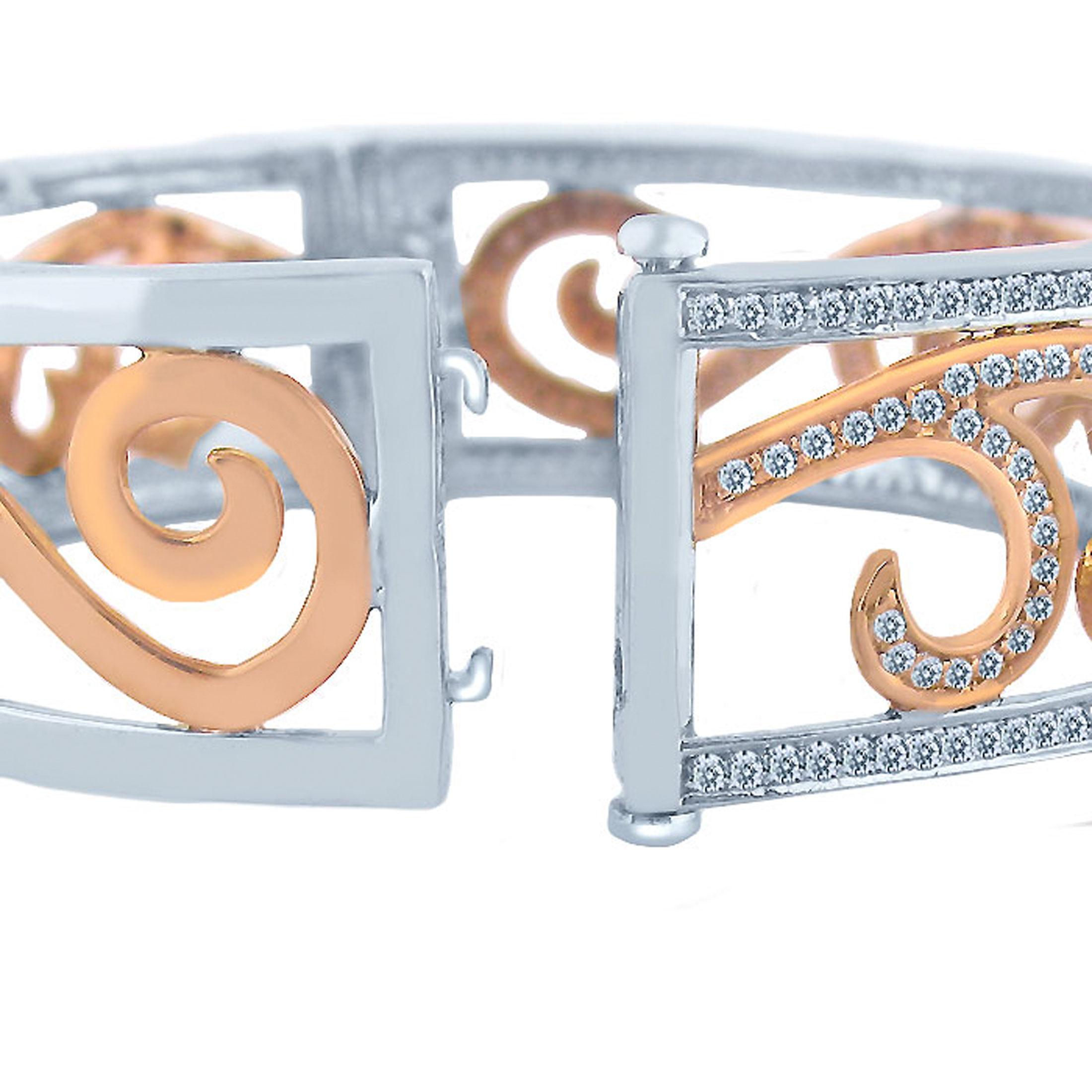 Bracelet jonc à charnières en or blanc et rose 14 carats avec diamants de 2,80 carats en vente 1