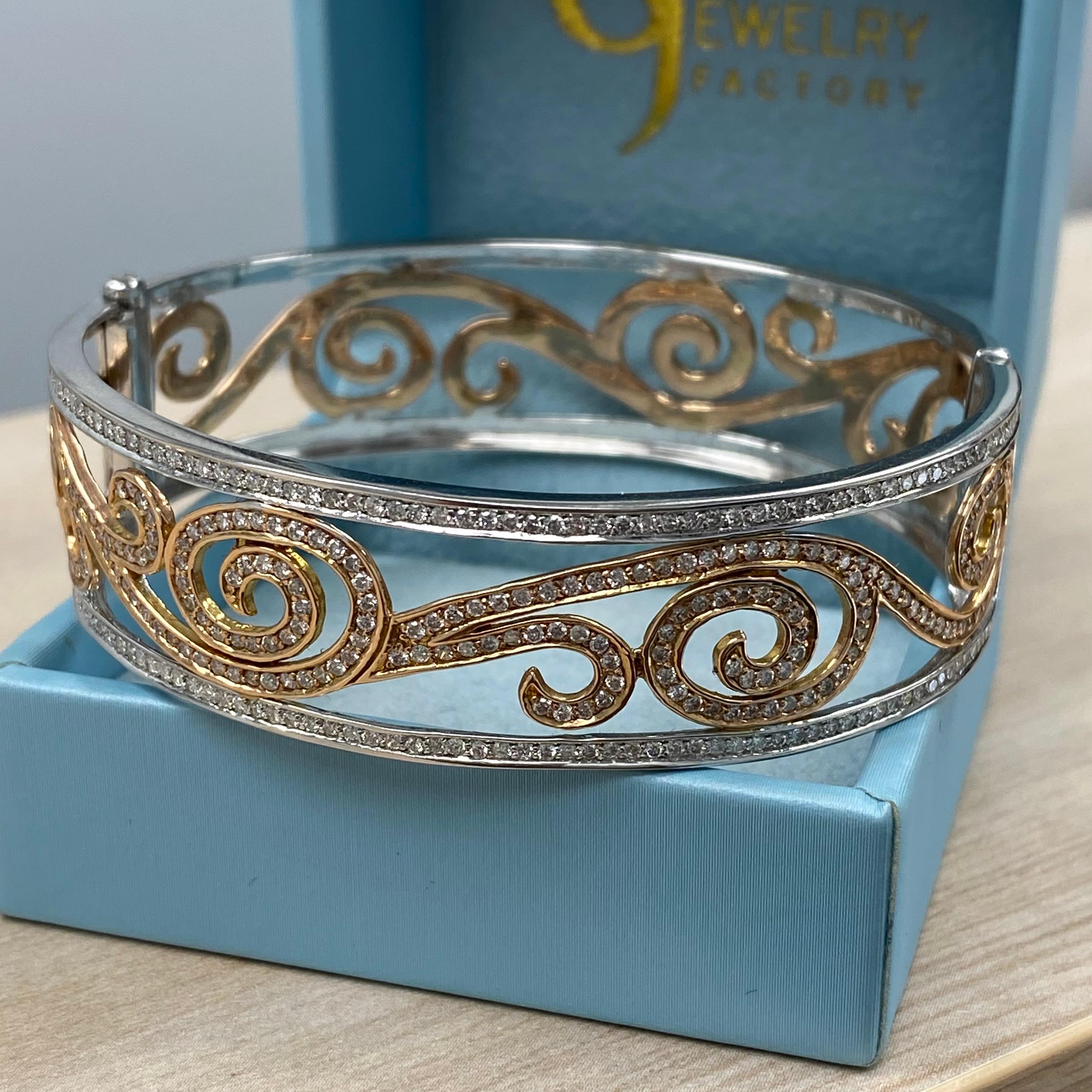 Bracelet jonc à charnières en or blanc et rose 14 carats avec diamants de 2,80 carats en vente 2