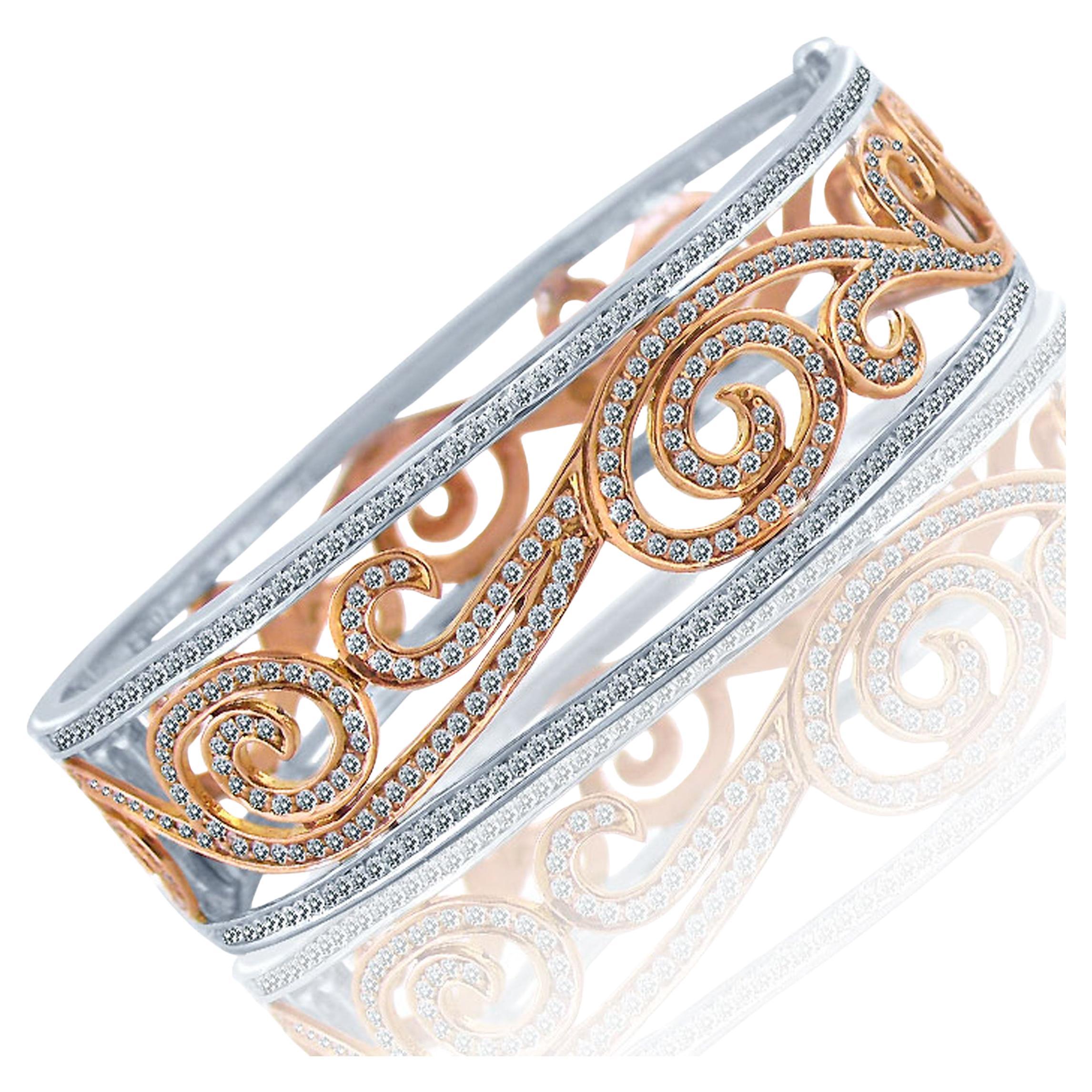 Armreif mit Scharnier, 2,80 Karat Diamant Wave Design 14K Weiß- und Roségold