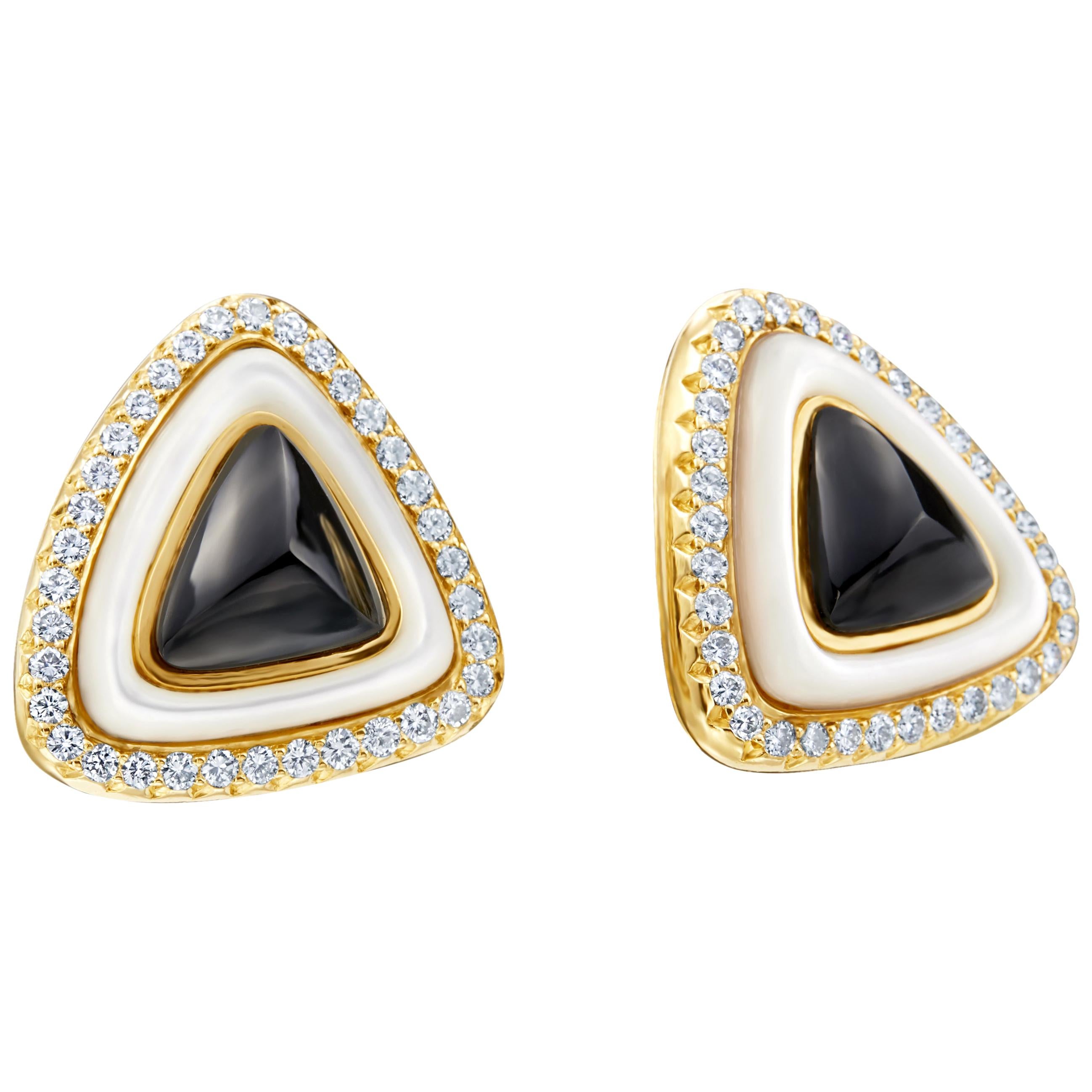 2.80 Carat Diamonds, Black Onyx, 18 Karat Yellow Gold, Mother of Pearl Earrings
