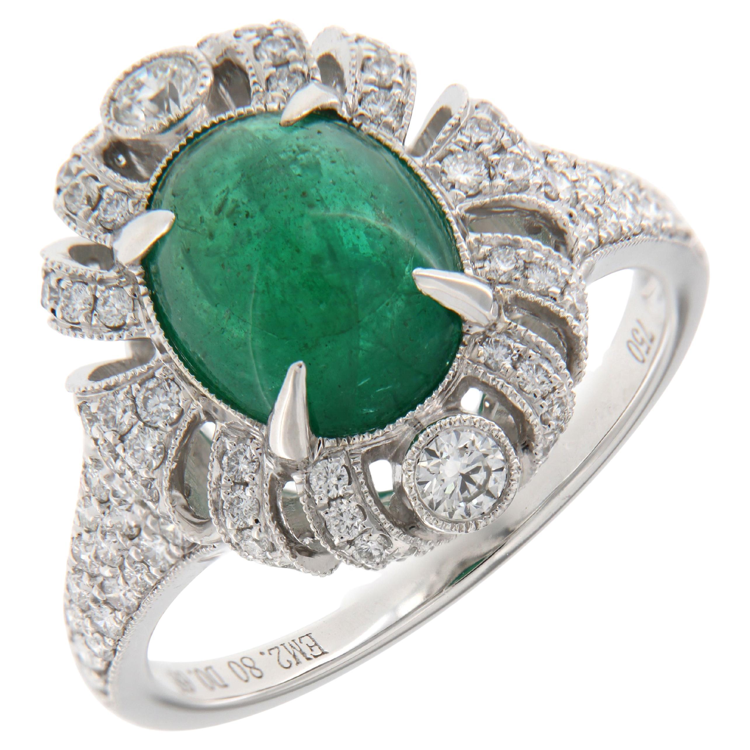 2.80 Carat Emerald Cabochon Diamond Dress RIng