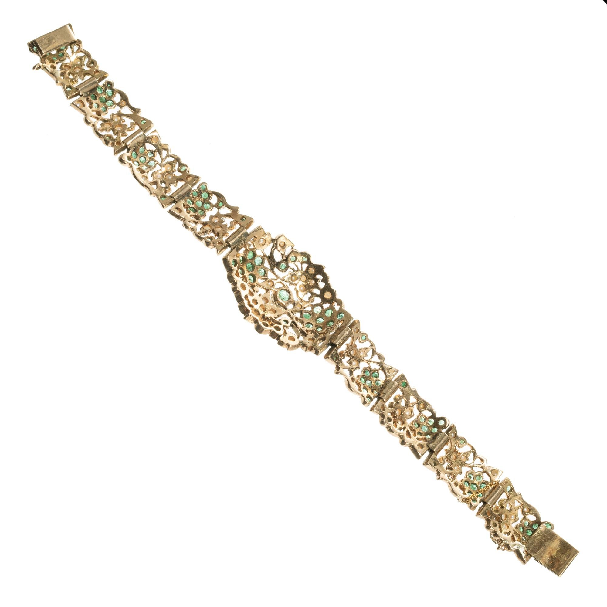 2.80 Karat Smaragd-Perlen-Gelbgold-Armband (Rundschliff) im Angebot