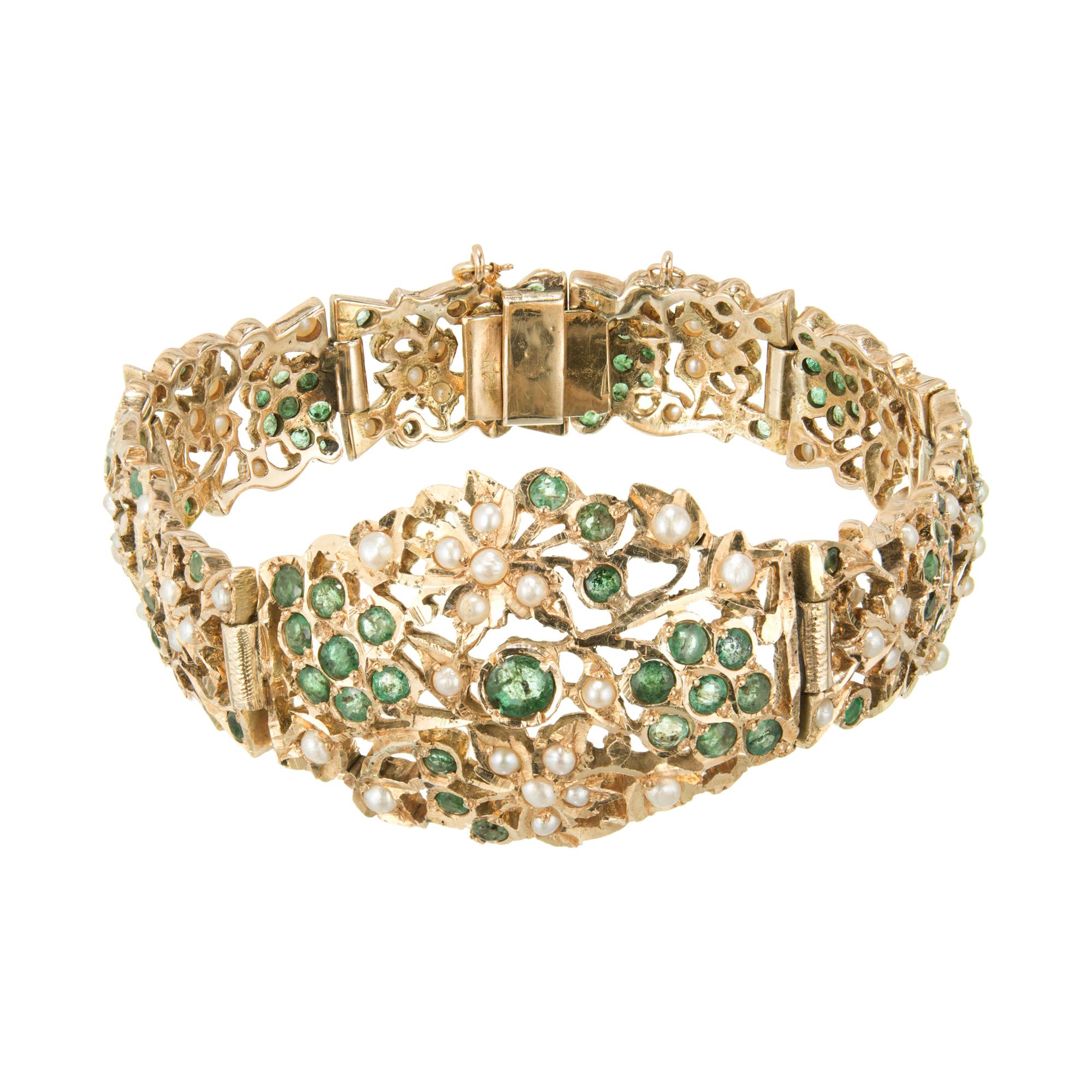 2.80 Carat Emerald Pearl Yellow Gold Bracelet For Sale