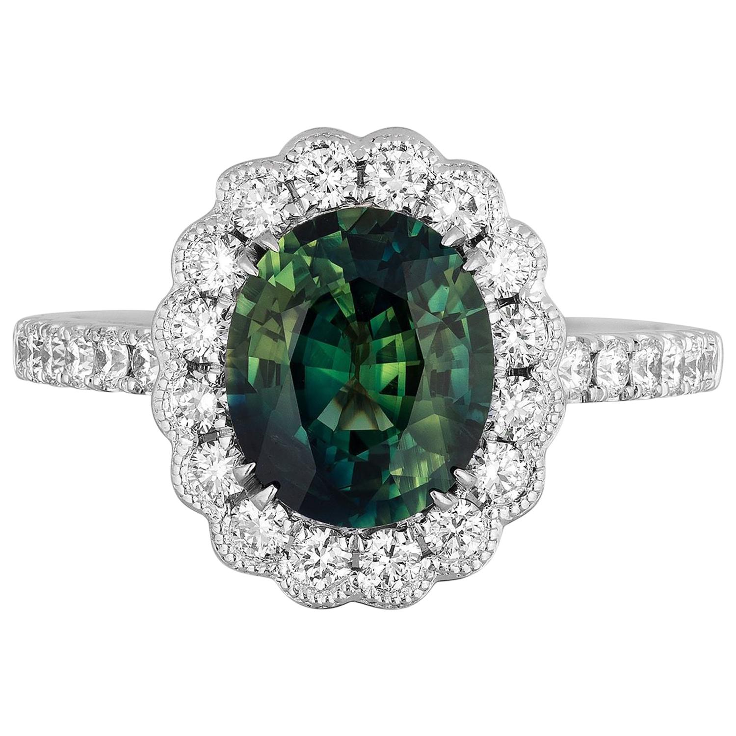 2.80 Carat Green Sapphire Diamond Cockatil Ring