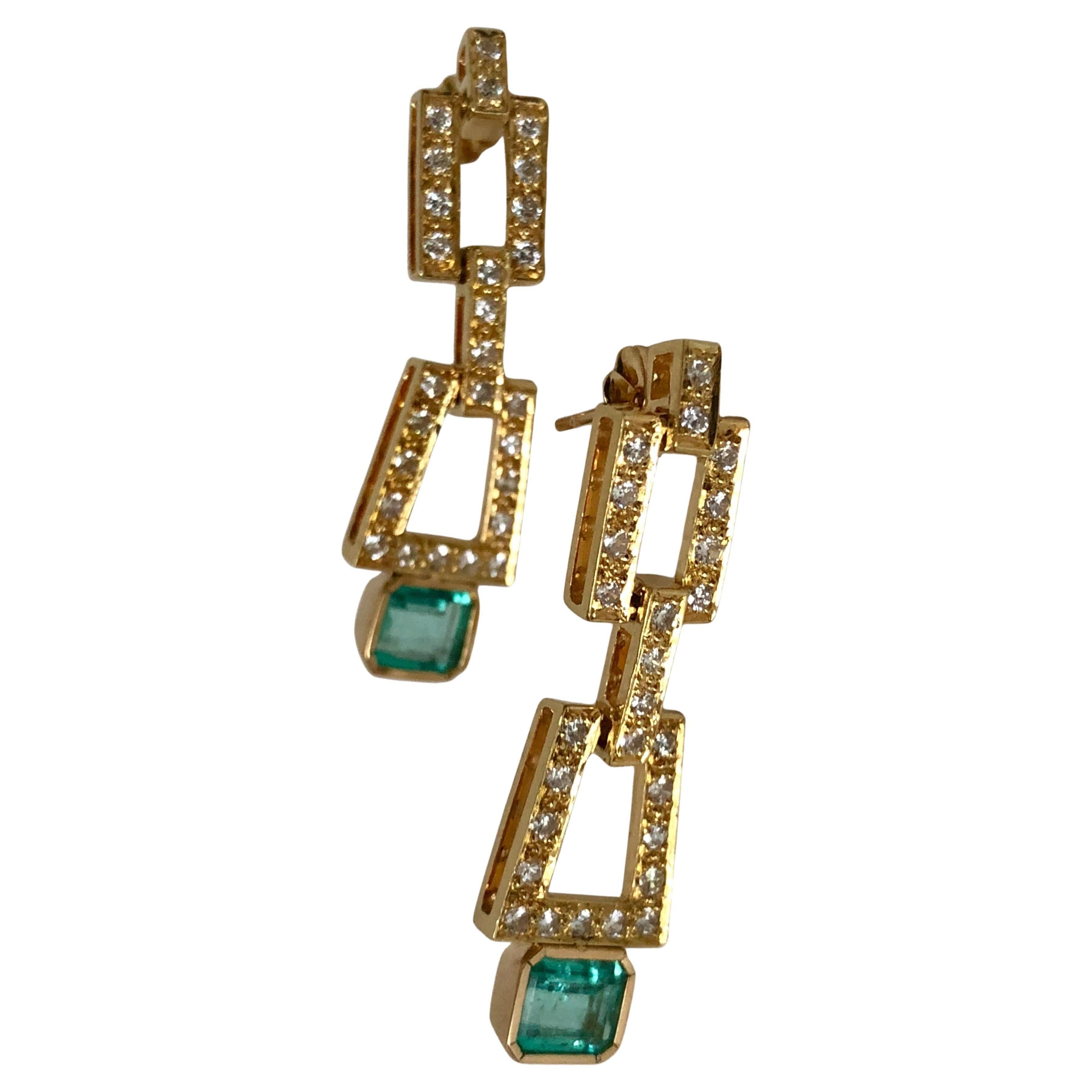 2.80 Carat Natural Colombian Emerald Diamond Drop Earrings 18 Karat