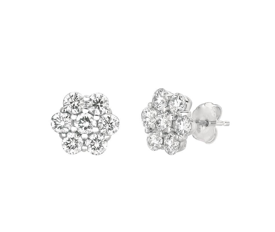 Artist 2.80 Carat Natural Diamond Flower Earrings G SI 14K White Gold For Sale