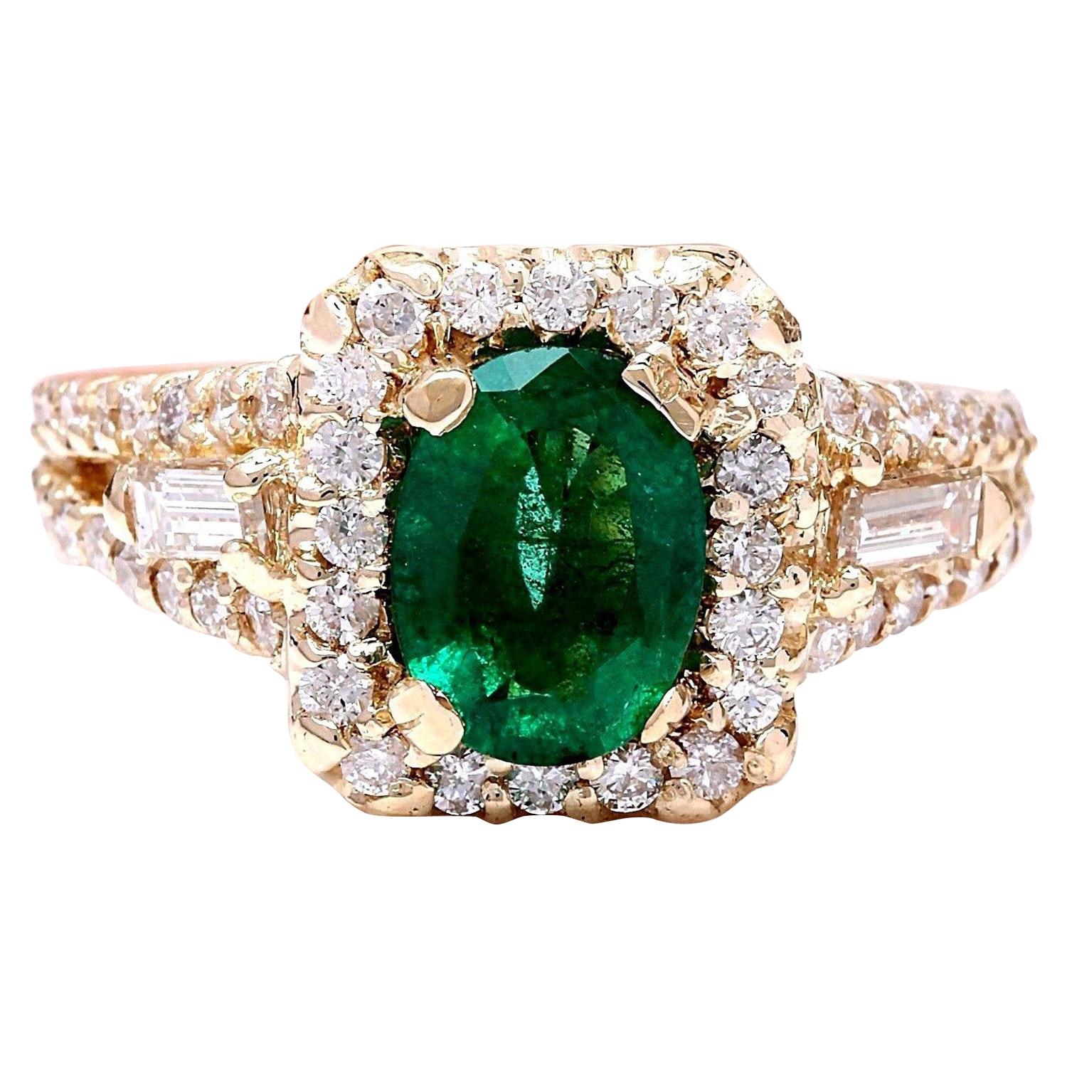Natural Emerald 14 Karat Solid Yellow Gold Diamond Ring For Sale