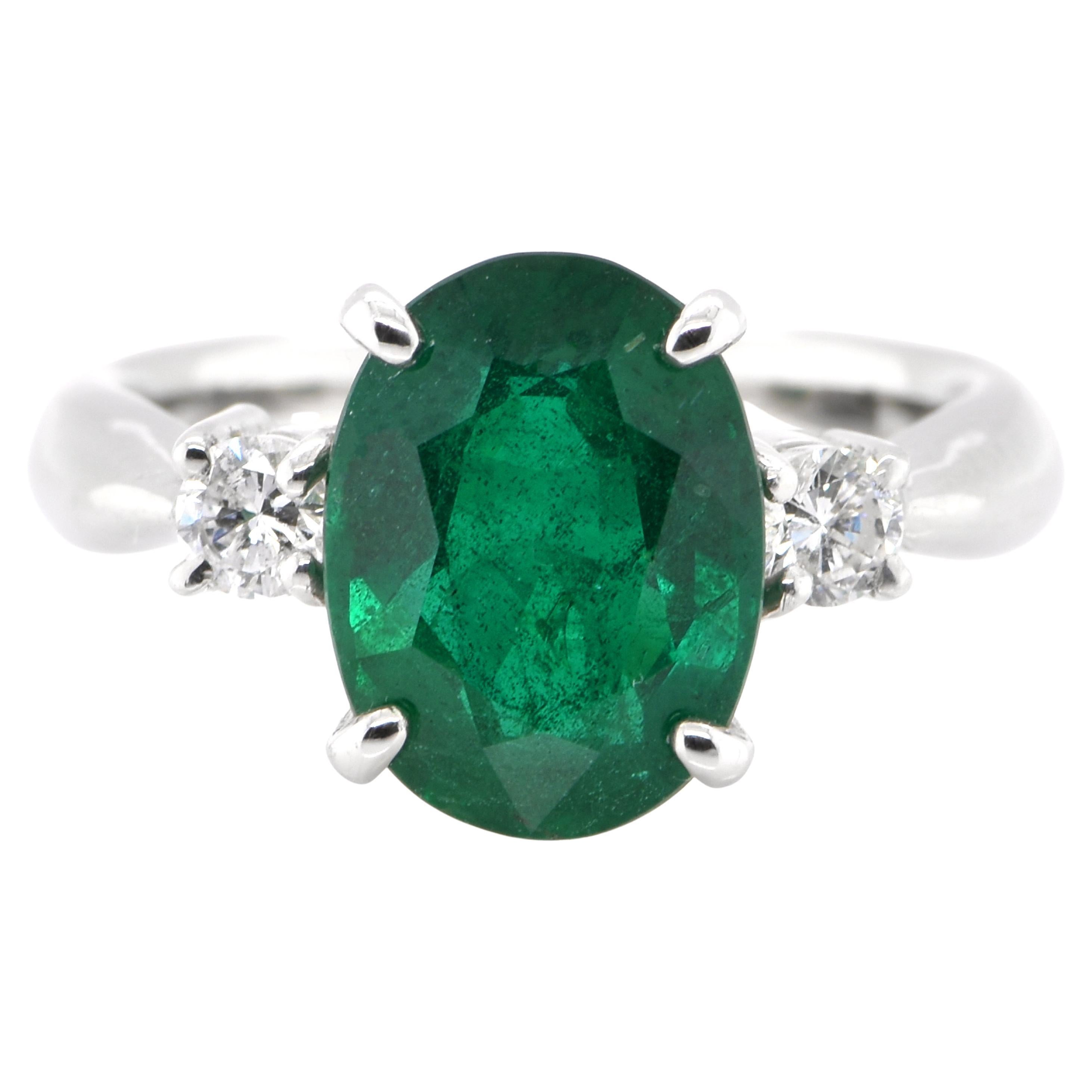 2.80 Carat Natural Oval-Cut Emerald and Diamond Ring Set in Platinum For Sale