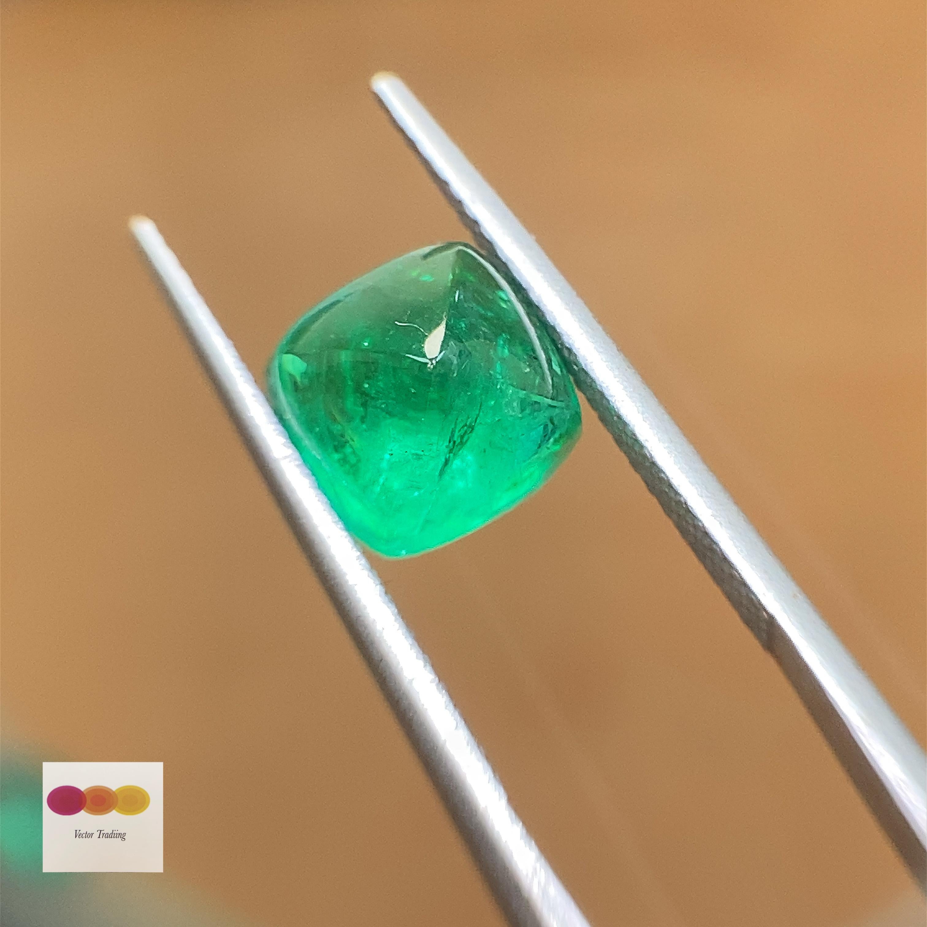 2.80 Carat Natural Zambian Vivid Green Emerald Sugarloaf:

A gorgeous gem, it is a 2.80 carat natural Zambian vivid green emerald sugarloaf. Hailing from the majestic Zambian mines in Africa, the emerald possesses a vivid green colour saturation,