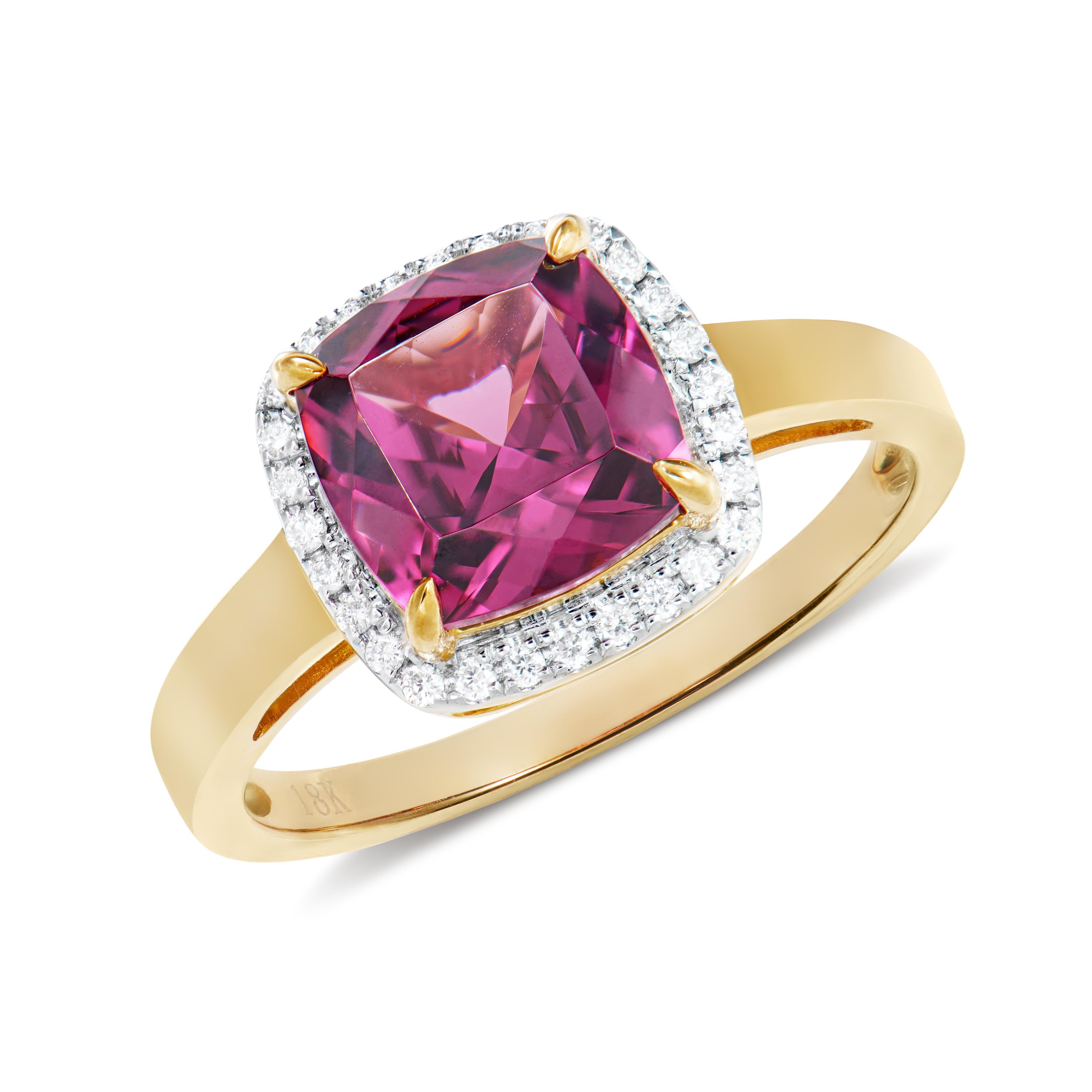 Cushion Cut 2.80 Carat Rhodolite Fancy Ring in 18Karat Yellow Gold with White Diamond.   For Sale