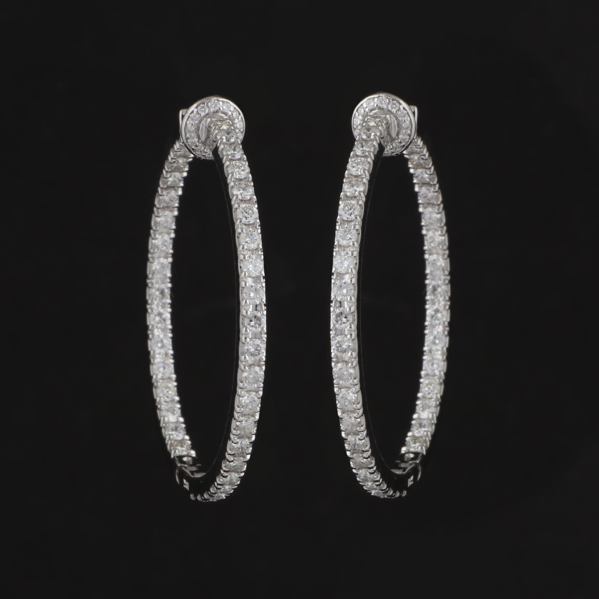 Modern 2.80 Carat Round Diamond Hoop Earrings 18 Karat White Gold Handmade Fine Jewelry For Sale