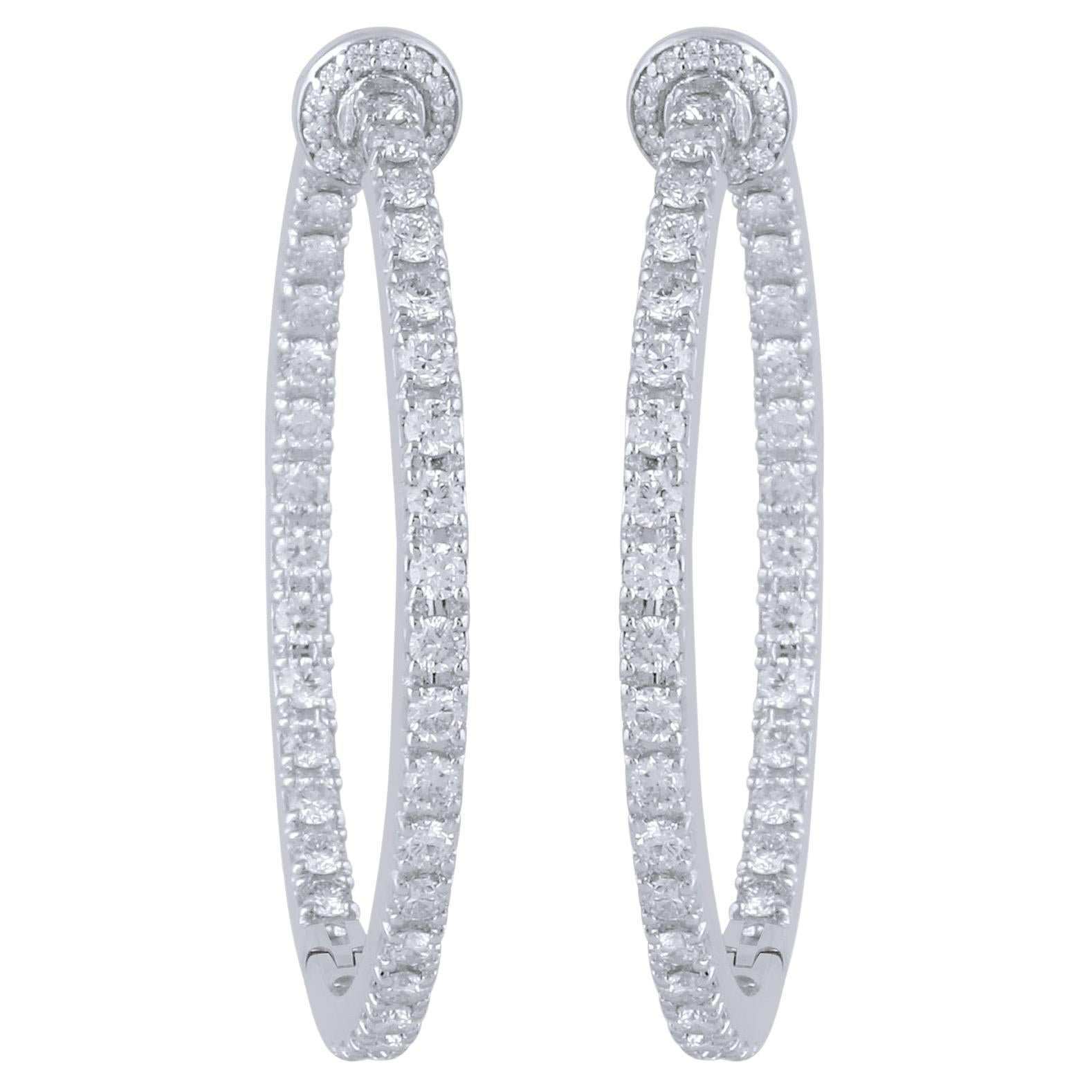 2.80 Carat Round Diamond Hoop Earrings 18 Karat White Gold Handmade Fine Jewelry For Sale