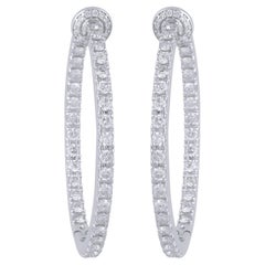 Boucles d'oreilles créoles en or blanc 18 carats avec diamants ronds de 2,80 carats, fabrication artisanale