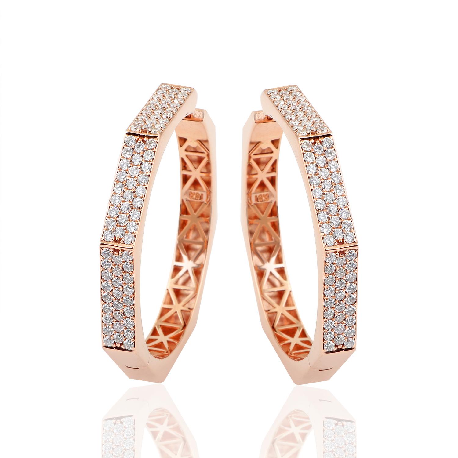 Women's 2.80 Carat SI Clarity HI Color Diamond Hoop Earrings 18 Karat Rose Gold Jewelry For Sale