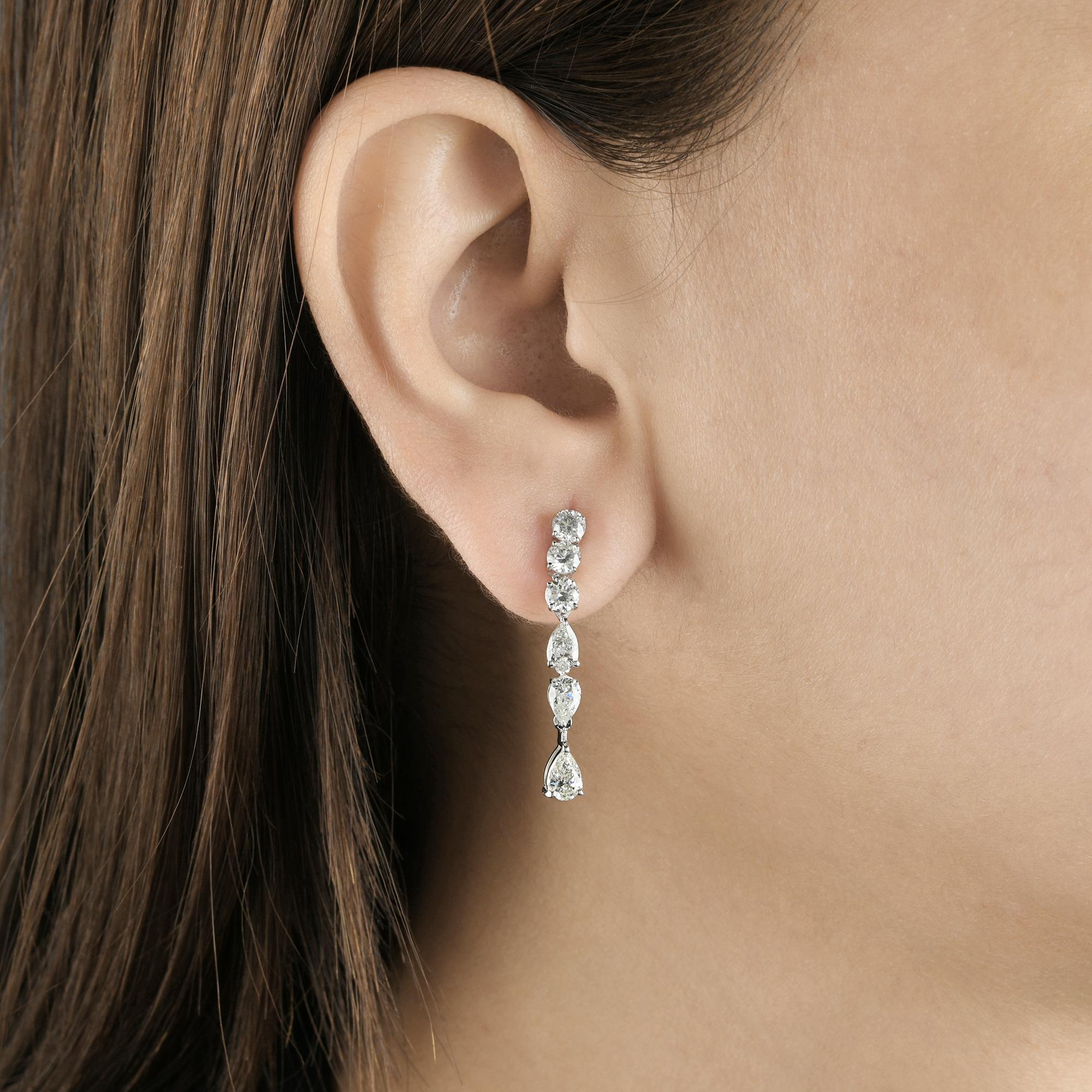 Pear Cut 2.80 Carat SI Clarity HI Color Pear & Round Diamond Earrings 18 Karat White Gold For Sale