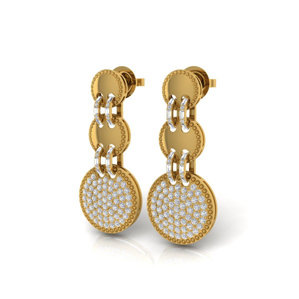 Modern 2.80 Carat SI/H Round Brilliant Cut Diamond Dangle Earrings 18 Karat Yellow Gold For Sale