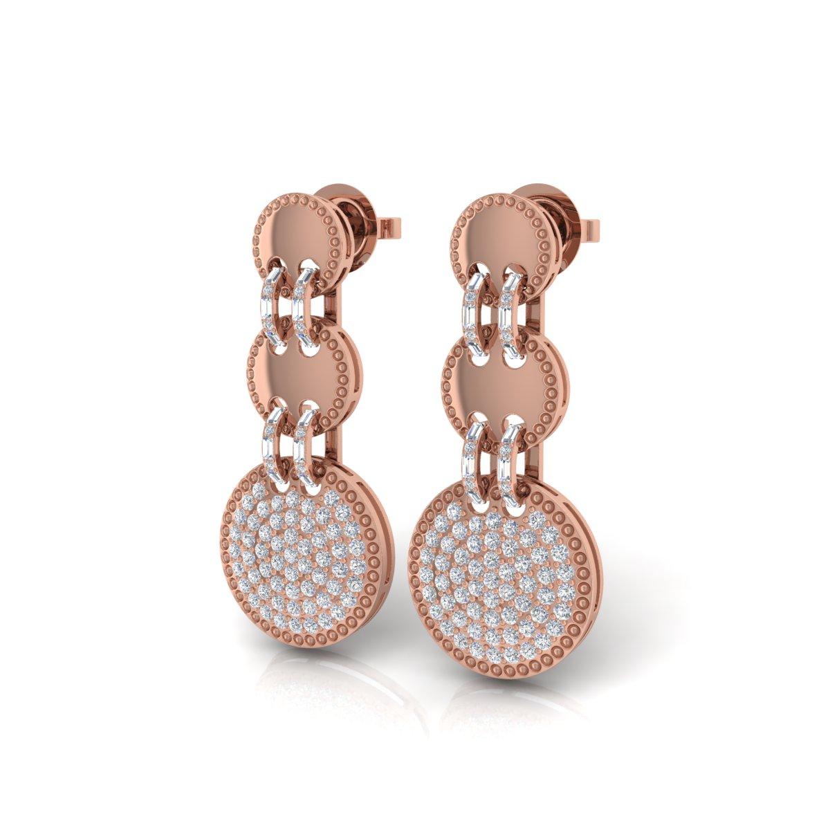 Modern 2.80 Carat SI/H Round Brilliant Cut Diamond Disc Dangle Earrings 18k Rose Gold For Sale