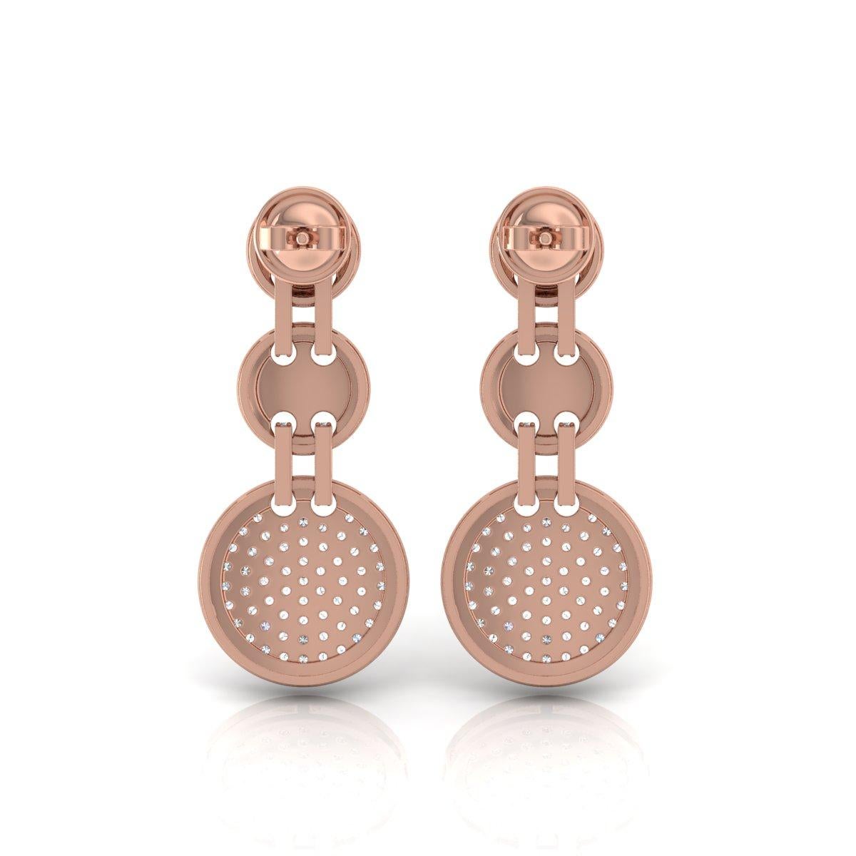 Round Cut 2.80 Carat SI/H Round Brilliant Cut Diamond Disc Dangle Earrings 18k Rose Gold For Sale