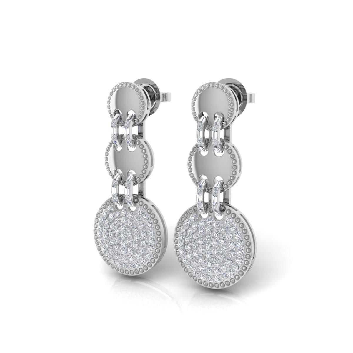 Pendientes colgantes de disco de diamantes talla brillante redonda SI/H de 2,80 quilates y oro blanco de 18k Moderno en venta