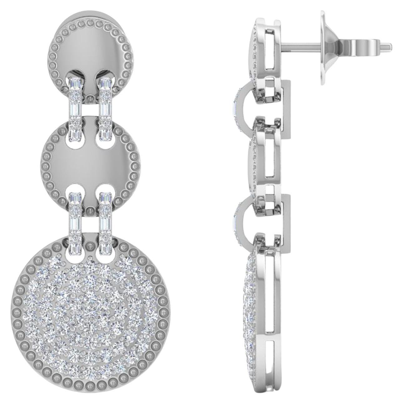 Pendientes colgantes de disco de diamantes talla brillante redonda SI/H de 2,80 quilates y oro blanco de 18k