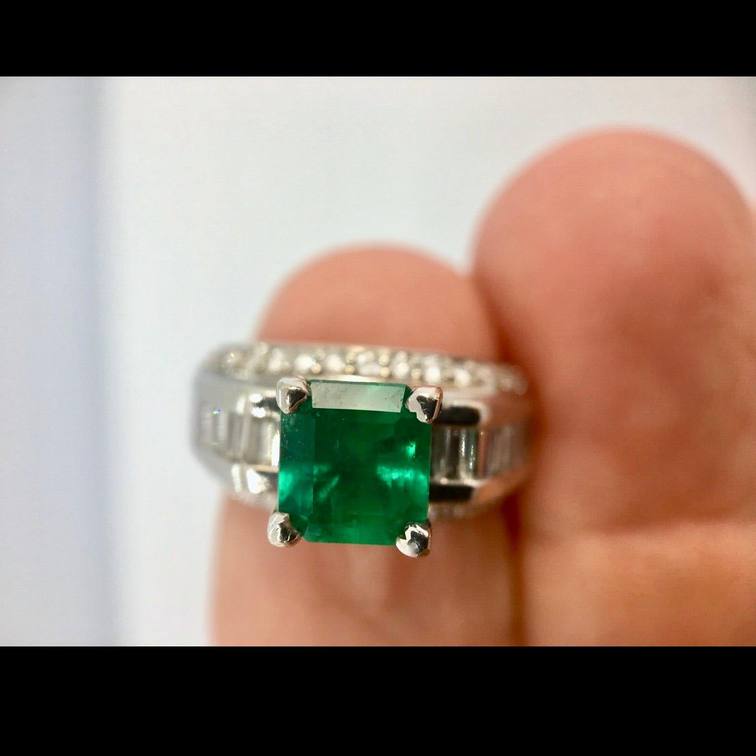 Princess Cut 2.80 Carat Square Colombian Emeralds and Diamond Engagement Ring White Gold For Sale