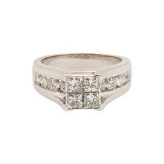 Cluster Princess Cut and Round Brilliant Diamond Ring Set 14K WhiteGold